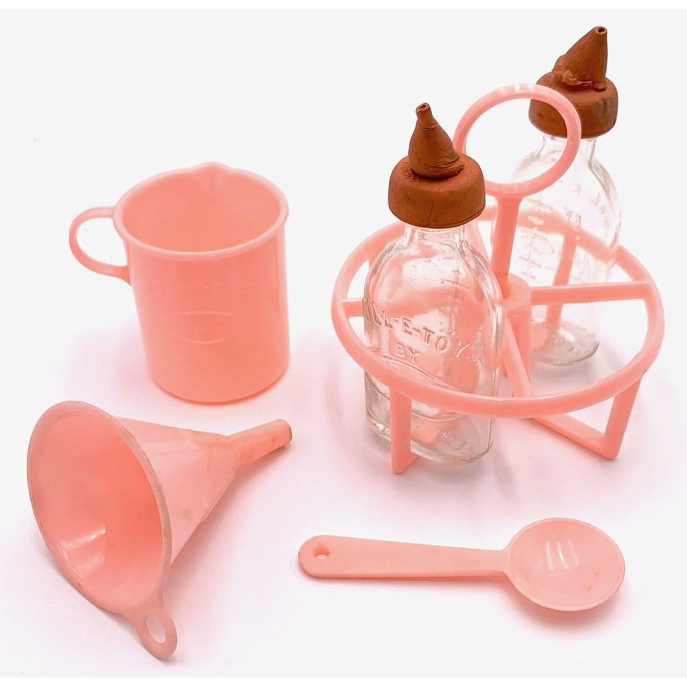 Vintage 1950s Babydoll Nursing Lot Glass Ansco Bottles, Pink Plastic Accessories